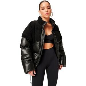 Good American Faux Leather Sherpa Cocoon Puffer Jacket Full Zip Black Size 3xl